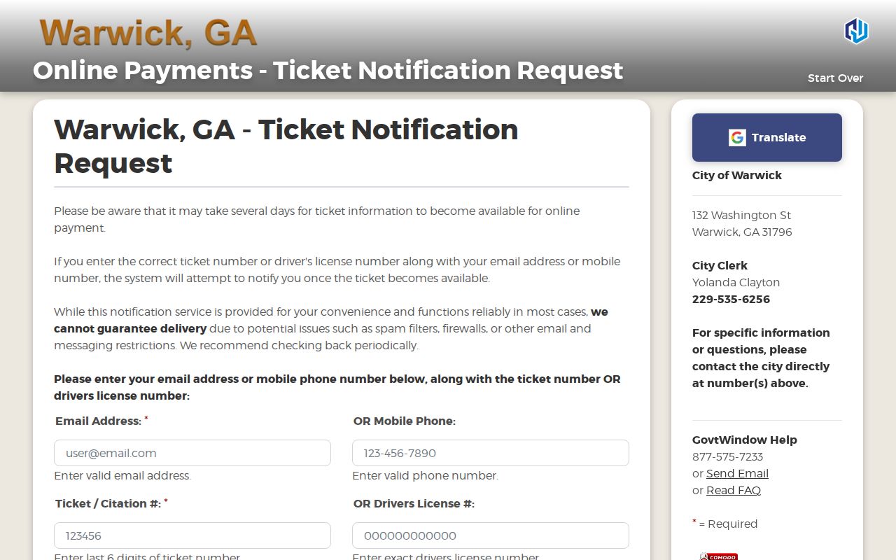 Warwick warrant record ticket notification fields
